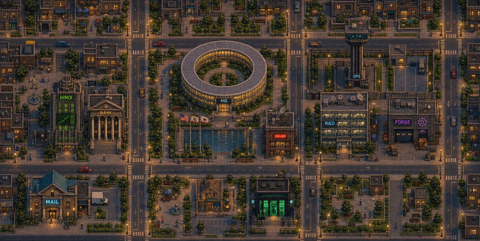 Token Town rendered as a pixel-art town at night, seen from above: the agents' buildings lit around a central ring headquarters