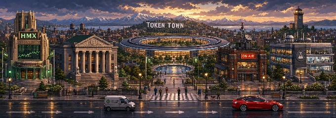 Token Town's Main Street at sunset in pixel art: the TOKEN TOWN sign over the ring headquarters, the HMX exchange, bank, and broadcast studio along a wet street with evening traffic