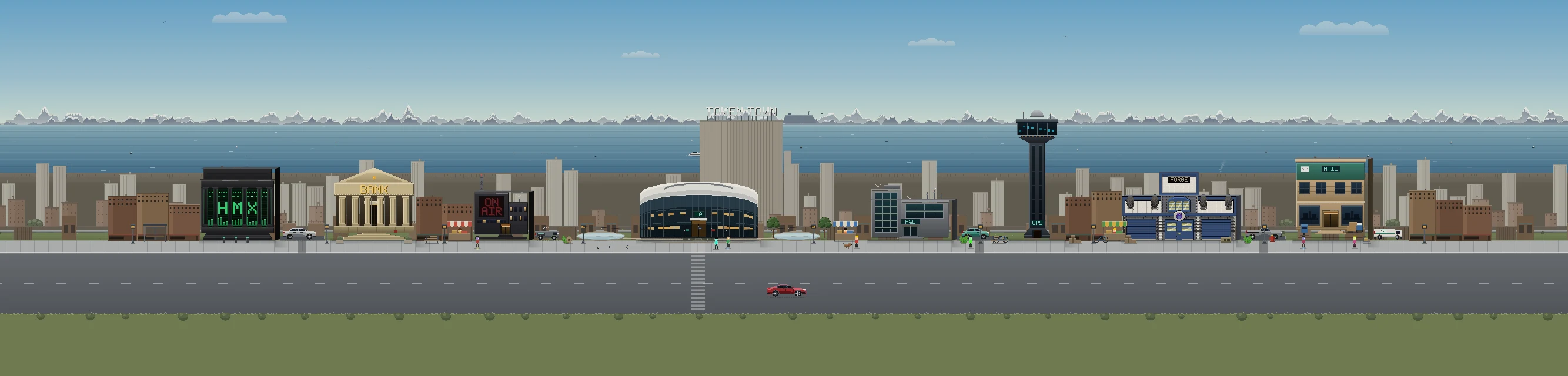 Token Town's Main Street in daylight pixel art, alive with driving cars, townspeople, and the agents walking between their buildings